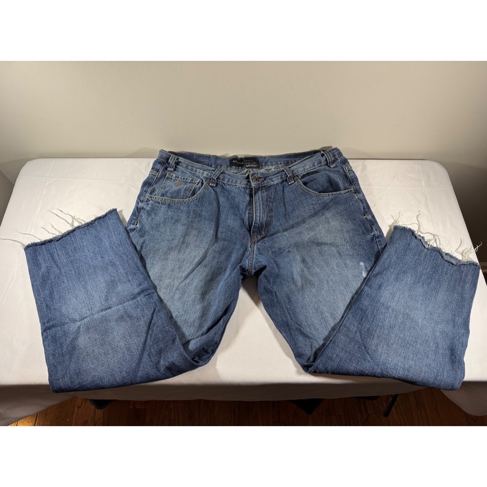 Rocawear Baggy Denim Jeans Mens 44 Blue Medium Wash Raw Hem Y2K Streetwear